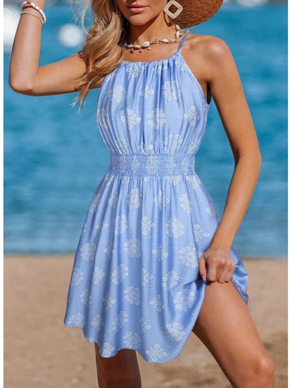 Women's Summer Beach Halter Neck Dresses Sky Blue A Line Mini Dress with Pockets - Picture 3 of 6